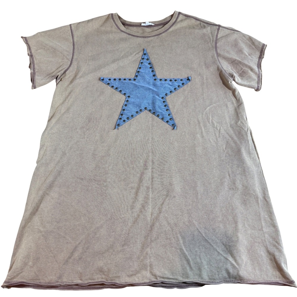 Easel Denim Star Studded Mineral Wash T-Shirt Dress Brown M Cottagecore Boho